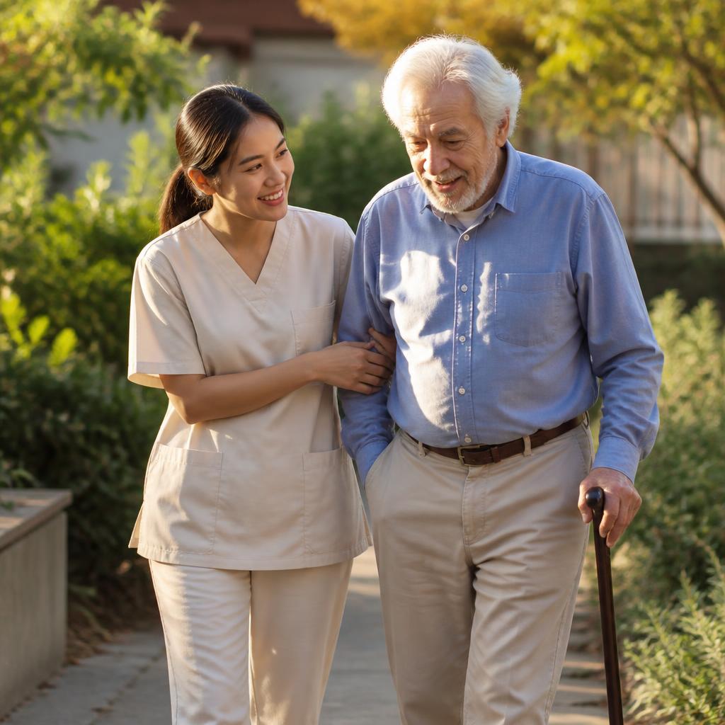 Caregiver walking beside an elderly woman