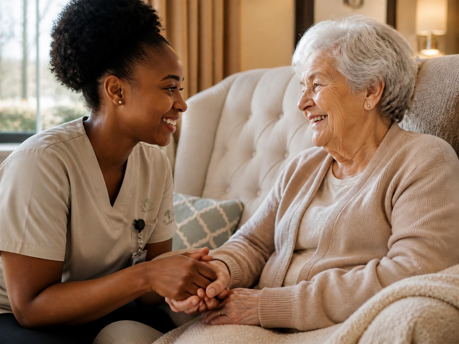 Compassionate caregiver holding hands with a smiling senior client